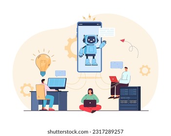 Hackers trying to break AI chatbot vector illustration. People using computer to find flaws in system, happy robot on smartphone screen. Artificial intelligence hacking, chatbot disadvantages concept