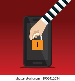 Hackers unlock phone data, Vector illustration in flat style