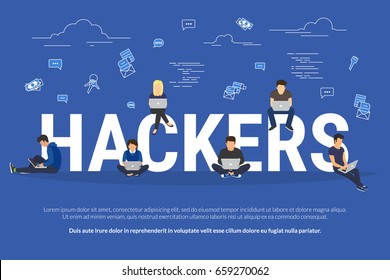 Hackers vector concept of young people using laptops for stealing login password, money, email, private messages and credit cards using virus. Flat thief illustration of hackers coding bug to hack data