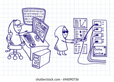 Hackers at work. Cyber crime doodle background. Hand drawn vector doodle illustration. 
