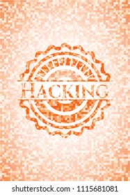 Hacking abstract orange mosaic emblem with background