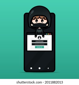 Hacking account. Cute thief character steals data account on smartphone. Hacked login and password. Illustration vector