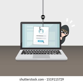 Hacking account and password. Account data phishing with cyber thief hide behind Laptop computer. Hacking concept. 