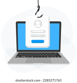 Hackeando cuenta y contraseña. El phishing de datos de cuentas con un ladrón cibernético se esconde detrás de una computadora portátil. Concepto de hackeo. Ilustración vectorial.
