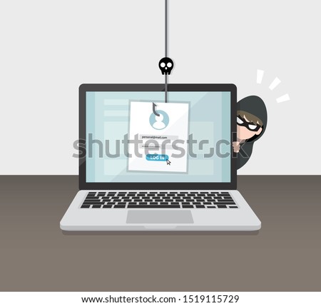 Hacking account and password. Account data phishing with cyber thief hide behind Laptop computer. Hacking concept. 