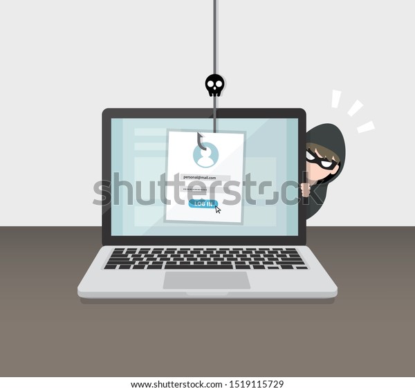 Hacking account\
and password. Account data phishing with cyber thief hide behind\
Laptop computer. Hacking concept.\
