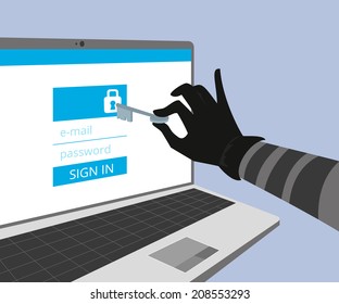 Hacking account of social networking. Thief hand hold a key and trying to hack the security of website using online authorization form with e-mail and password. Hacker uses vulnerability of secure