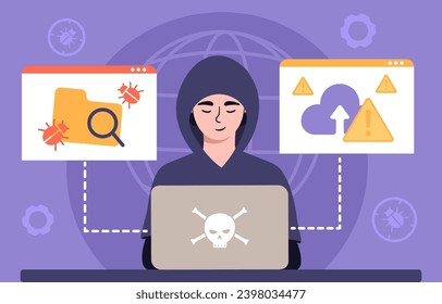 Hacking activity concept. Man in black hoodie got access for cloud service. Cybercrime and hacking of security systems on server. Cartoon flat vector illustration isolated on white background