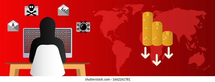 Hacking attack business on country, falling down chart, arrow, Business fail, risk, problem. Vector illustration. Attacking. Flat Cartoon Illustration