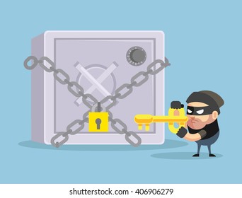 Hacking bank safe. Vector flat cartoon illustration