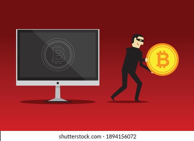 Hacking Bitcoin from computer systems, Vector illustration in flat style