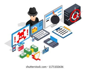 Hacking clip art. Isometric clip art of hacking concept vector icons for web isolated on white background