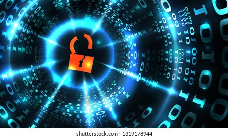 Hacking computer system, database, social network account. Hacked lock symbol on abstract computer data background programming binary code, data theft. Vector illustration