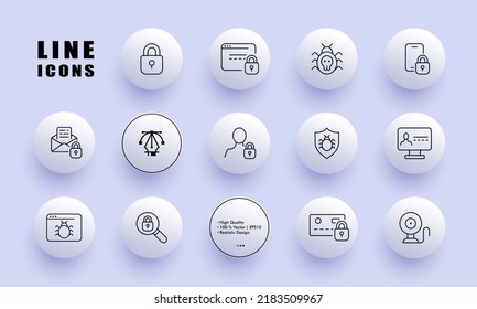 Hacking and computer viruses protection set icon. Antivirus, malware, lock, incognito tab, fishing, shield, magnifier, surveillance camera. Safety concept. Neomorphism. Vector line icon for Business.