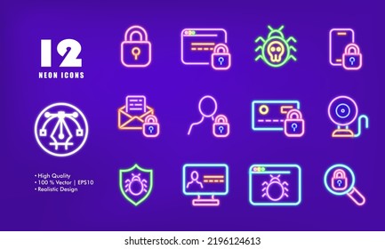 Hacking and computer viruses protection set icon. Lock, website, bug, virus, defender, safety, email, bank card, surveillance camera, shield, magnifier. Privacy concept. Neon glow. Vector line icon.
