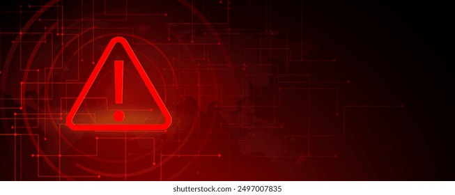 Concepto de hackeo. Señal de alerta del atacante de advertencia de atención y protección de seguridad de la computadora notifican el peligro. Fondo rojo de Tecnología