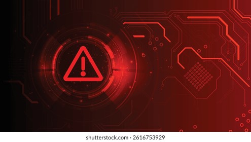 Hacking Concept. Attention warning attacker alert sign with exclamation mark with a circuit board with electronic elements on dark red background. Security protection Concept. 