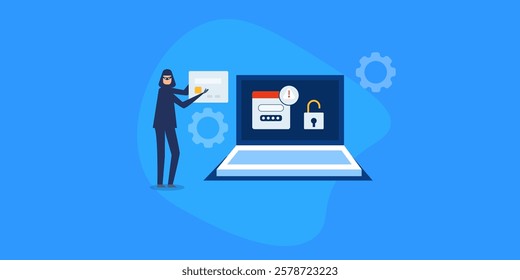 Hacking concept, Hacker stealing information form the website, Online data breach, Cyber attack - vector illustration with characters and icons