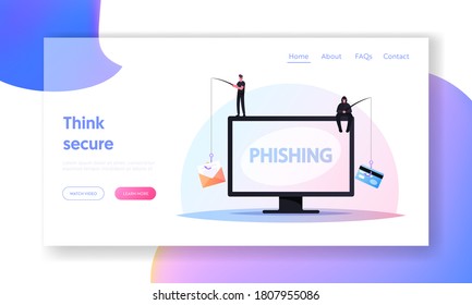 Hacking Credit Card or Personal Data Landing Page Template. Tiny Hackers Male Characters Sitting on Huge Computer with Rods Phishing via Internet, Email Spoofing, Cartoon People Vector Illustration