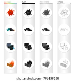 Hacking credit cards, worms in a computer system, a dangerous virus, Firewall. Hacker and hacking set collection icons in cartoon black monochrome outline style vector symbol stock illustration web.