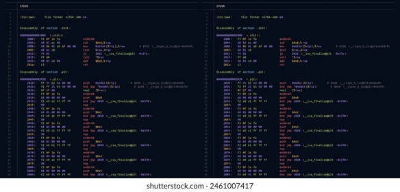 Hacking, Cryptography, Malware, Reverse Engineering, Data Analysis Backdrop. Assembly Code Programming Language. Machine Code Program Hexadecimal Code. Computer Memory. Vector Illustration. 