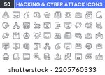 Hacking and Cyber Attack vector line icon set. Contains linear outline icons like Virus, Fraud, Malware Bug, Threat, Theft, Data Phishing, Hacker, Criminal, Thief. Editable use and stroke for web.