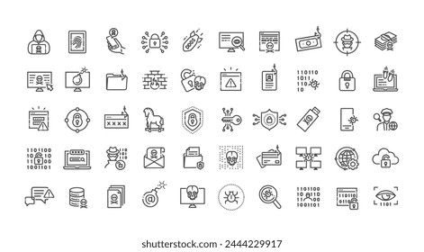 Hacking and Cyber Attack vector line icon set