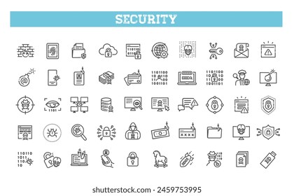 Hacking and Cyber Attack vector line icon set