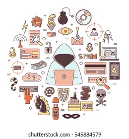 Hacking and cyber crime - Flat round vector template with icons of gadgets, hacker's activities, cracking and fraud, spam, viruses  etc. Illustration for hacker attack or computer security.