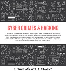 Hacking and cyber crime - horizontal vector template with icons of gadgets and hacker's activities, title and place for your text. Linear style. For web and paper ads. Computer security illustration.