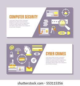 Hacking and cyber crime - horizontal vector banner templates with icons of gadgets and hacker's activities, title and place for your text. Flat style. For web and paper ads. Hacker attack illustration