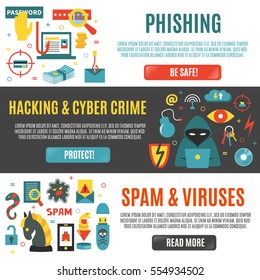 Hacking y ciberdelitos - plantillas horizontales vectoriales con iconos de las actividades de los hackers y gadgets y lugar para el texto. Estilo plano. Para anuncios en la web y en papel. Ilustración de ataque hacker