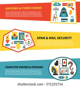 Hacking and cyber crime - horizontal vector banner templates with icons of gadgets and hacker's activities and place for your text. Flat style. For web and paper ads. Hacker attack illustration