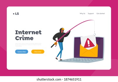 Hacking Cyber Crime Landing Page Template. Tiny Hacker Male Character with Rods Phishing Personal Data in Huge Laptop via Internet, Email Spoofing or Fishing Messages. Cartoon Vector Illustration