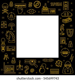 Hacking and cyber crime - square vector template with icons of gadgets and hacker's activities. Linear style. For web and paper ads. Hacker attack and computer protection illustration.