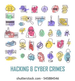 Hacking and cyber crime vector icon set. Hacker's activities, gadgets, viruses, locks, fraud, fishing, cracks, e-mail spam etc. Computer attack infographic elements. Linear art.