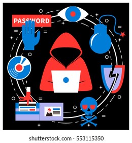 Hacking y ciberdelito - Ilustración vectorial con íconos de gadgets y actividades de hackers. Estilo plano. Para anuncios de Web y papel. Ataque de hackers, spam, concepto de phishing.