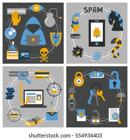 Hacking and cyber crime - vector illustrations with icons of gadgets and hacker's activities. Flat style. For web and paper ads. Hacker attack, spam, fishing concept.