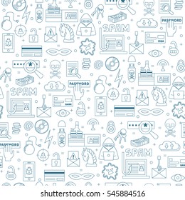 Hacking and cyber crime vector seamless pattern with icons of gadgets and  hacker's activities. Linear style. Blue icons on white isolated background. Could be used as wallpaper, print or fabric.