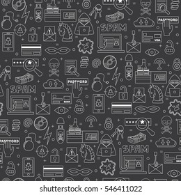 Hacking and cyber crime vector seamless pattern with icons of gadgets and  hacker's activities. Linear style. White icons on dark isolated background. Could be used as wallpaper, print or fabric.