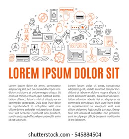Hacking and cyber crime - vector template with icons of gadgets and hacker's activities, title and place for your text. Linear style. For web and paper ads. Hacker attack illustration.
