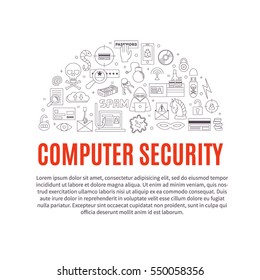 Hacking and cyber crime - vector template with icons of gadgets and hacker's activities, title and place for your text. Linear style. For web and paper ads. Computer security illustration.