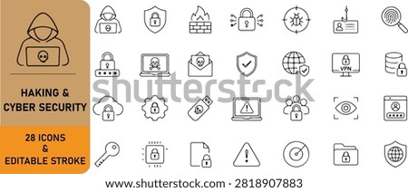 Hacking and cyber security line icons set featuring 28 editable stroke vector symbols. Includes cybersecurity, firewall, malware protection, VPN, encryption, phishing, authentication, data privacy, and network security outline icons isolated on a white background for web, mobile, UI, and technology design.