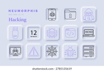 Hacking cybersecurity set icon. Smartphone bug folder lock hacker laptop code server alert spider web minimal neumorphic outline style soft shadow UI design.