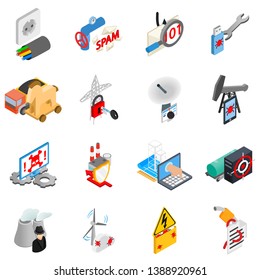 Hacking electricity icons set. Isometric set of 16 hacking electricity vector icons for web isolated on white background