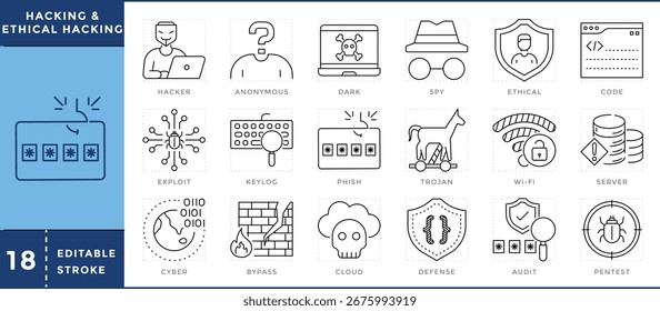 Hacking e Ethical Hacking conjunto de ícones de linha relacionados. Hackers, identidade, máscara anônima, espião, código, registro de chave, phishing, bypass e muitos mais. Traçado editável de vetor.