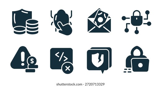 Hacking excelente coleção de ícones. Clique em erro, e-mail de phishing, rede de bloqueio segura, janela de erro de código, laptop hacker, alerta cibernético, violação de dados, vulnerabilidade do sistema