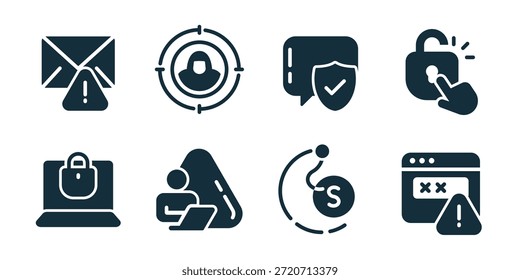 Ausgezeichnete Icon-Sammlung wird gehackt. Geldwarnung, Codefehler, defekter Schild, Hacker-Laptop, Cyber-Bedrohung, digitaler Betrug, Systemausfall, Online-Angriff