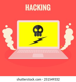Hacking flat icon. Virus infection. Computer crash isolated vector illustration.