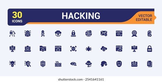 Conjunto de iconos sólidos planos de piratería. Incluye iconos de ciberseguridad, spam, hackers, spyware, crimen y más. Iconos de estilo llenos planos. Ilustración vectorial editable.